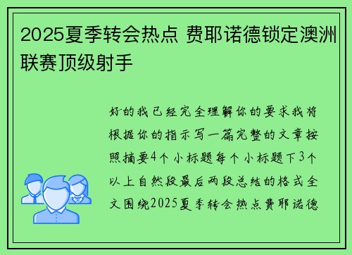 2025夏季转会热点 费耶诺德锁定澳洲联赛顶级射手
