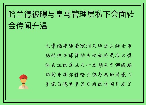 哈兰德被曝与皇马管理层私下会面转会传闻升温