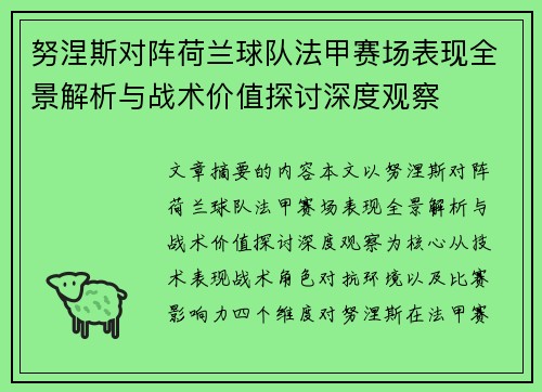 努涅斯对阵荷兰球队法甲赛场表现全景解析与战术价值探讨深度观察